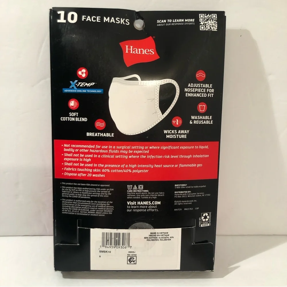 Hanes Cloth Face Mask 10 Pack Cotton Washable reusable Adult Small Gray